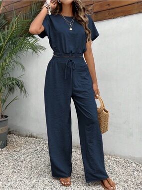 NWOT SHEIN Frenchy Women's Pants Set in Navy Blue - Sz Large (8/10)